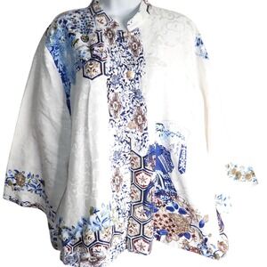 Citron Santa Monica White Silk Blend Crane Jacquard Asian Print Blouse 2X